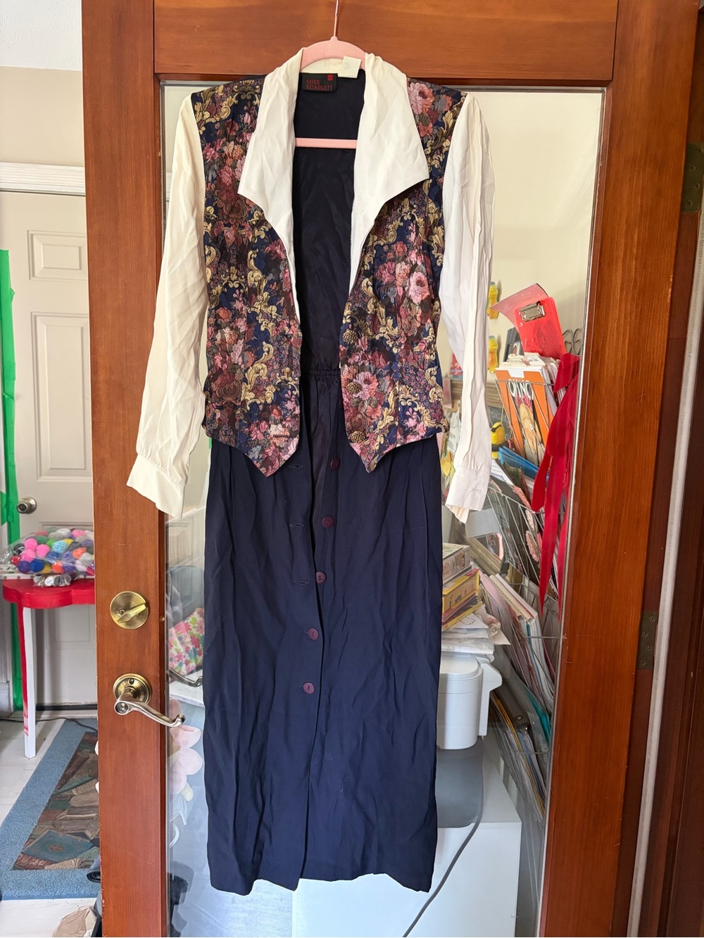 Scarlett Navy Maxi Dress with Floral Brocade Vest and White Blouse